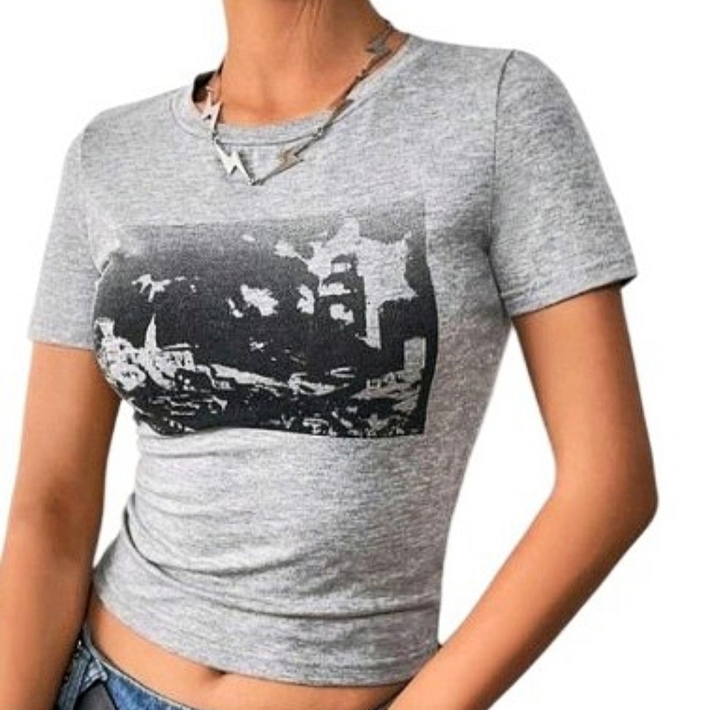 SHEIN Grey Graphic Slim Crewneck Tee Size S